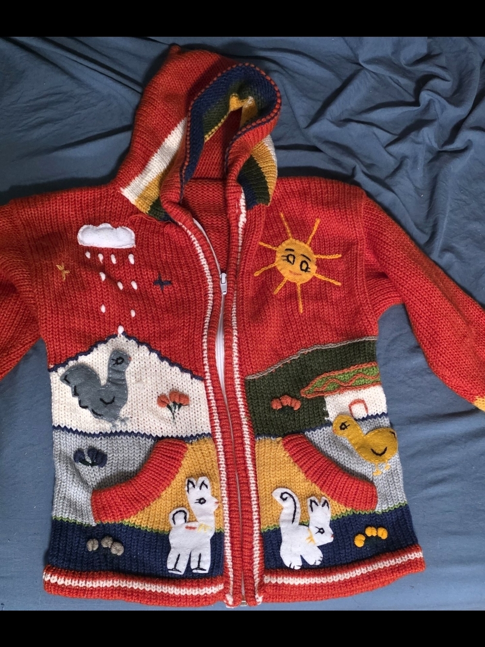 Colorful Hand-Knit Red Zip Hoodie with Playful Animal Appliqués